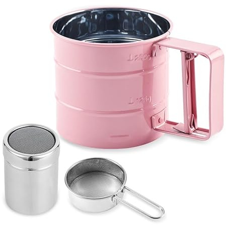 Emime 3 in1 Stainless Steel Flour Sifter for Baking 3 Cup Sifter for baking, Flour Sifter for Baking Cakes, Pastries, Cupcakes and Desserts, Powdered Sugar Shaker Duster, With Hand Press Design (Pink)