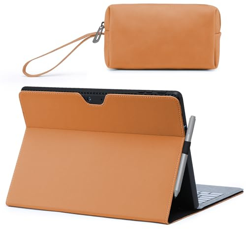 HYZUO Hülle für Surface Pro 11 2024, Surface Pro 10 2024, Surface Pro 9 2022, Mehrwinkelbetrachtung Folio Ständer mit Stylus Halter, Kompatibel mit Typ Tastatur, mit Zubehörtasche, Braun