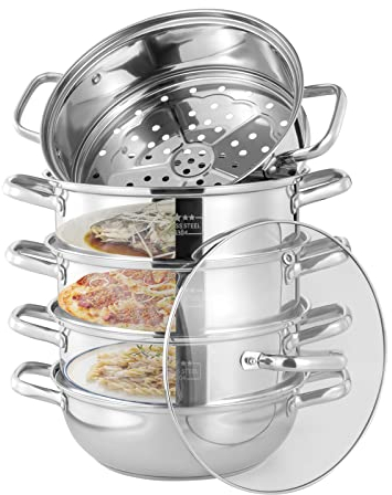 MBUYI Mantowarka Dampfgarer, 5-Schicht 304 Edelstahl Poliert Dampfkocher Gardampfkochtopf, 28 cm Kochtopf Dampftopf, Enthält einen Bodentopf, vier Dampfgarer-Töpfe und einen Deckel