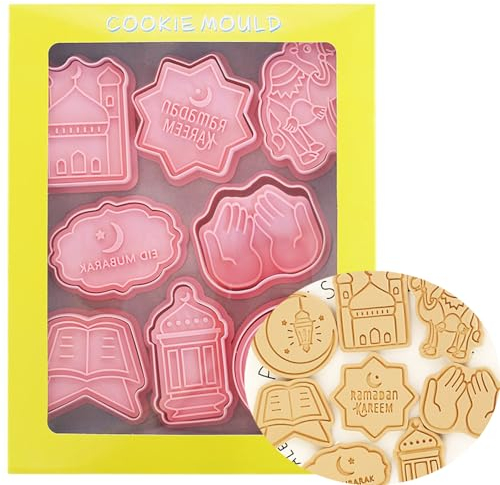 8 Pieces Eid Mubarak Cookie Cutters Set, Biscuit Baking Molds 3D Ramadan Cookies Mould Cartoon Cutters for Party Decoration Baking, B
