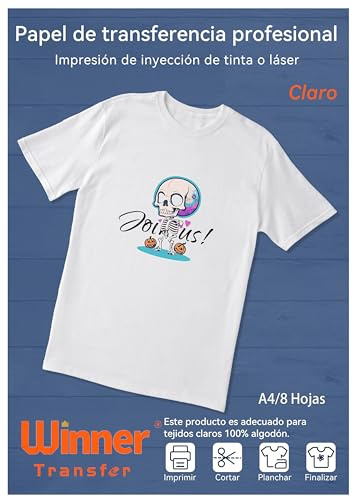 WinnerTransfer-Paper transfer para tejito claro,Fácil de transferir y colores brillantes.Papel de Transferencia,Sin Impresión de Espejo(A4x8 Hojas)，Apto para InkJet &laser