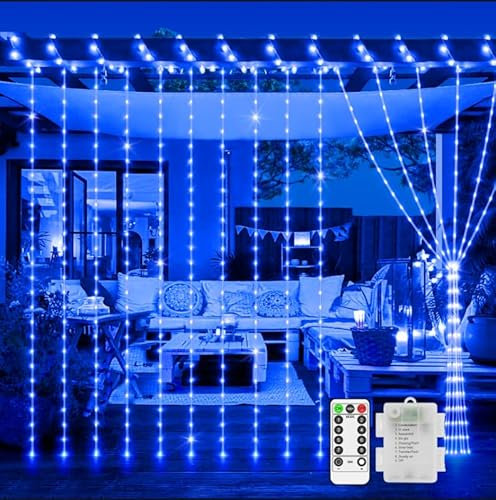 Curtain Fairy Lights Battery Operated, 2m x 2m 200 LED Curtain Christmas Lights Outdoor Waterproof Window Lights with Remote 8 Modes Timer for Indoor Room Garden Patio Party Wedding Decorations-Blue