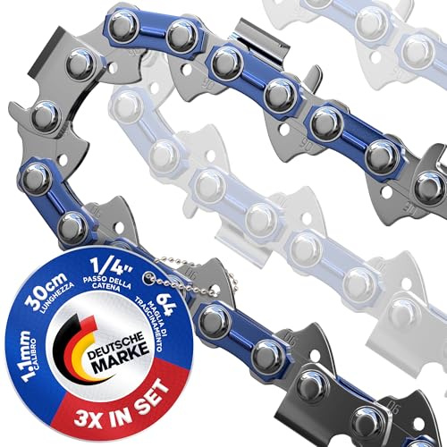 Juego de 3 cadenas de motosierra 30cm - 1/4 LP Paso - 1.1mm - 64 Eslabones motrices - Cadena de sierra con brazo antirretorno compatible con muchas marcas de motosierra