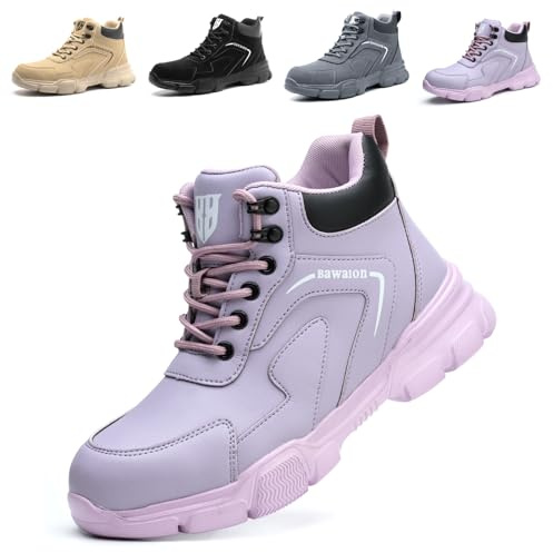 Botas de Seguridad para Hombre Mujer Impermeable Ligeras Zapatos de Seguridad con Punta de Acero Antideslizante Botas de Trabajo Morado 38 EU