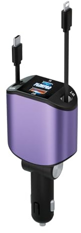 PLDHPRO Einziehbare Auto Ladegerät 4 in 1 Zigarettenanzünder Schnellladeadapter 12v/24v mit USB C Kabel KFZ Kompatibel iPhone 16/15/14/13 Pro SamsungGalaxy S25/S24/23/Ultra/S22/S21-Lila