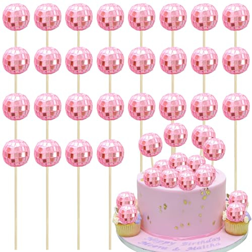 Ephlyn 24 Pink Disco Ball Cupcake Toppers - Reflective Mirror Ball Cake Toppers for 70s Disco Theme Birthday Party & Christmas Decorations