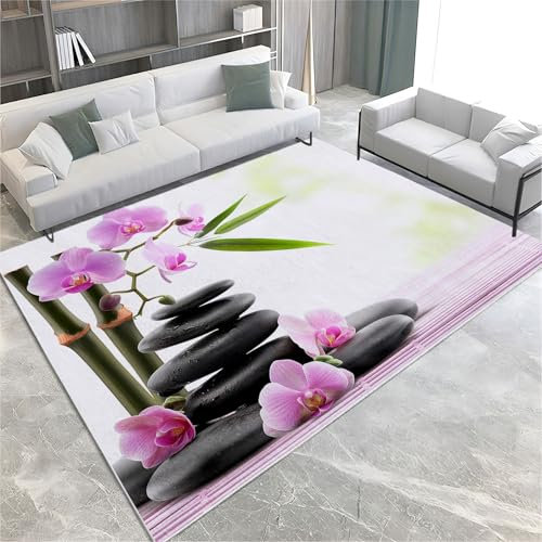 Bambus Kurzflor Teppich Orchideenkunst Schwarzer Stein Waschbar rutschfest Teppich, Weich Flauschig 140 x 200 cm Mit TPR Anti-Rutsch-Rücken Für Wohnzimmer Schlafzimmer Esszimmer