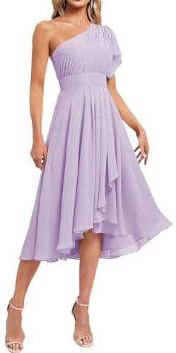 Vestido de dama de honor de princesa con un hombro descubierto, vestido de gasa formal para fiesta de noche, vestido corto, Lila, 48 Grande