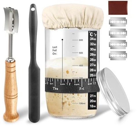 Kit de démarrage pour levain et pâte à sucre, pot de 60 ml, avec thermomètre, date marquée, ruban d'alimentation, couvercle en tissu et métal, spatule