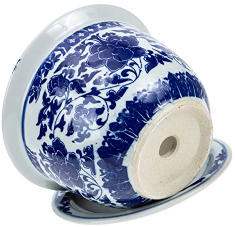 Yardwe Maceta de Porcelana Azul y Orquídeas con Platillo, Maceta de Interior para Dormitorios, Diseño Circular con Drenaje Transpirable y Flujo de Aire