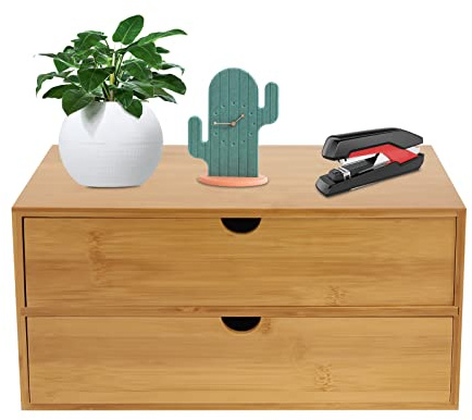 HarBin-Star - Schreibtisch-Organizer aus Bambus, Schubladenbox Bambus, Aufgeräumter Desktop für Büro, Zuhause, Holz-Organizer mit Schubladen, Stationärer Organizer, 2 Schubladen
