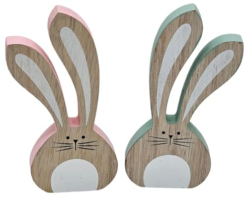 Bambelaa! Osterhase Deko Holz 2er Set Ostern Osterdeko Tisch Innen Hasen Pärchen Dekoration Osterhasen Figuren Osterdekoration Tischdeko Frühling Esstisch Osterhäschen Pink & Türkis ca. 6,5x1,5 x15 cm
