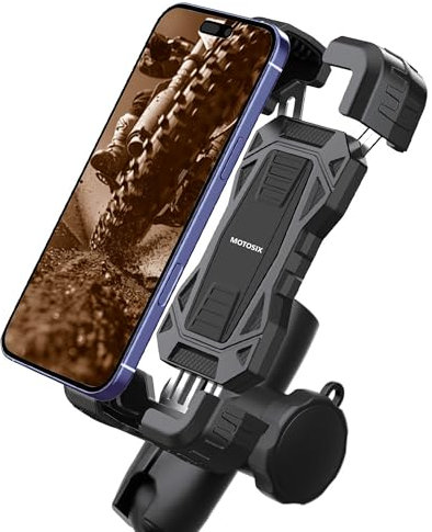 MOTOSIX Soporte Móvil Moto Bici Patinete electrico Scooter ANTIVIBRACIÓN con Doble Sistema Antirrobo Brazo de Ajuste de Metal Úitima TECNOLOGÍA Soporte Móvil para Bicicleta Moto Quad Lock