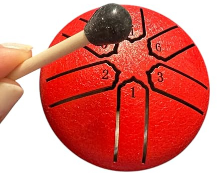 Steel Tongue Drum with Mallet, 6-Note Scale, Black Cast Metal, Percussion Musical Instrument (Red)
