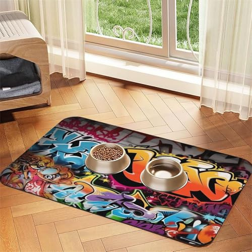 Graffiti Hip Hop Hundefuttermatten für Böden, 30,5 x 45,7 cm, rutschfeste, super saugfähige Haustierfuttermatte, Geschirrspüler-Hundematte für Futter und Wasser, niedlich, Gummi, schnell trocknend