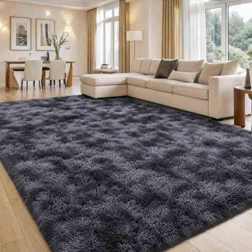 smiry Hochflor Läufer Teppich Wohnzimmer, 80x150cm, Dunkelgrau | Waschbar Anti-Rutsch Moderner Flauschiger Kuscheliger Teppich für Wohnzimmer, Schlafzimmer, Kinderzimmer