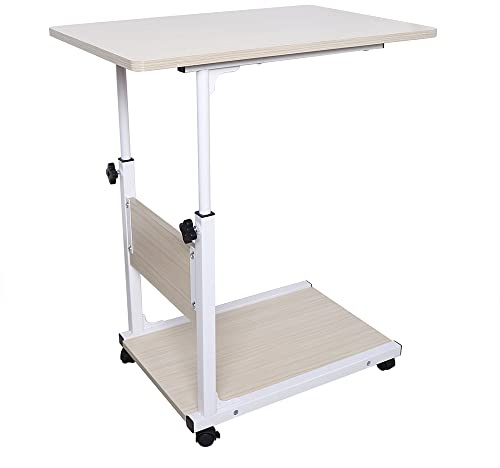 Tavolo per computer portatile, comodino in legno d'acero bianco con ruote, tavolino mobile regolabile in altezza, adatto per soggiorno, studio, ufficio, sala riunioni, aula, camera da letto