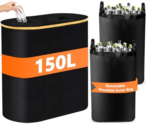 SACBRZZ Pfandflaschen Sammelbehälter, 150l Flaschensammler Leergut,Oval Doppelte Taschen, Mit 2 Tragetasche, Mit Deckel Pfandflaschen Behälter, Faltbar,Leichte Entnahme, Für Küche & Haushal