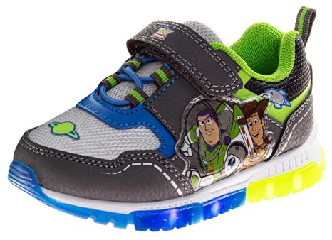Toy Story Sneakers with Lights - Sheriff Woody Buzz Lightyear LED Light Up Shoe - Laceless Lightweight Breathable Athletic Shoes for Boys - Grey Green Blue (Size 7 Toddler)