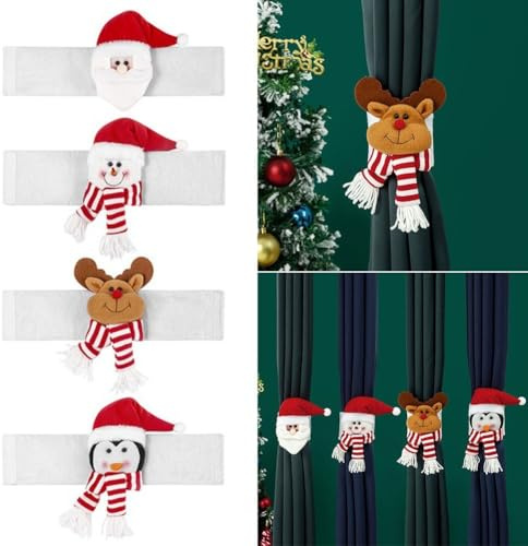TONIXY Juego de 4 alzapaños festivos para cortinas de felpa de Papá Noel, soportes de cortina de Navidad para sala de estar o dormitorio, decoración navideña, fácil de instalar para un ambiente cálido