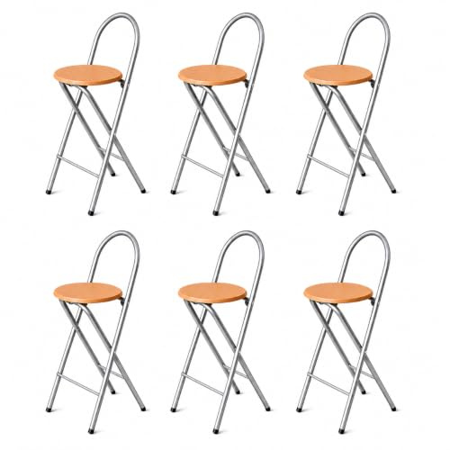 KMH® Barhocker Bill 6er-Set klappbar mit Lehne & Fußstütze – Silber/Buche | 73 cm Sitzhöhe, fertig montiert, platzsparend klappbar mit Stahlgestell & MDF-Sitz im Buchendekor – für Küche, Bar & Events