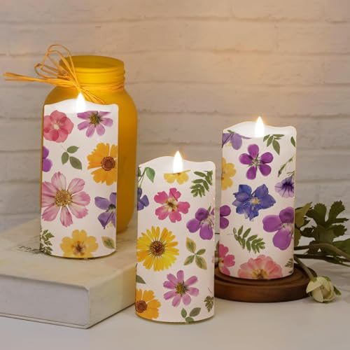 Whaline 3 Pcs Spring Wildflower Flameless Candles Flower Floral Battery Operated Pillar LED Candles for Wedding Easter Birthday Party Home Dinner Table Centerpieces Decoration