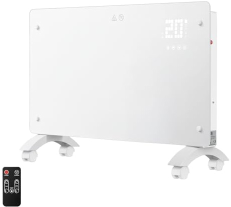 YOEVU | Emisor térmico bajo consumo | 2500W | Pantalla LCD táctil, control remoto, soporte de pared y ruedas | Calefacción para hogar, Cristal, Blanco