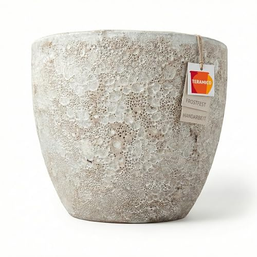 Teramico Premium Pflanzkübel Keramik glasiert – 100% Frostfest & Handarbeit. Blumenkübel mit Loch für Außen & Innen. Hochwertiger Übertopf Unikat Winterfest (Lava Weiß, 38cm x 31cm)