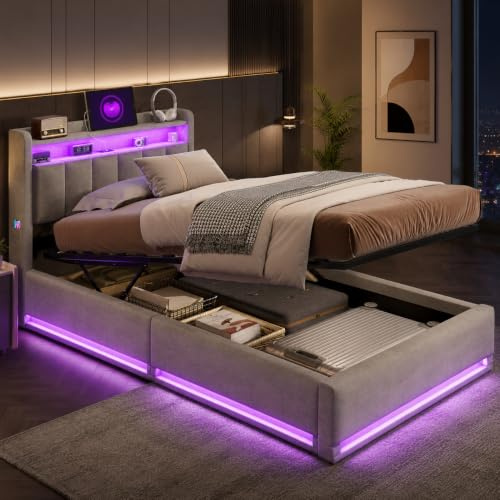 Bettgestell 90x200,Einzelbett,Boxspringbett Bett mit LED-Beleuchtung,Hydraulisches Stauraumbett gepolstertes LED-Bett,Doppelbett mit Stauraum,gepolsterte Betten,Funktionsbett Jugendbett (Grau+Velours)