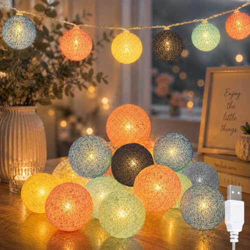 YeahBoom LED Lichterkette Baumwollkugeln,300CM 20LED Kugeln Lichterkette | USB Stromversorgung,Cotton Ball Lichterketten für Weihnachten Hochzeit Kinderzimmer Party Deko