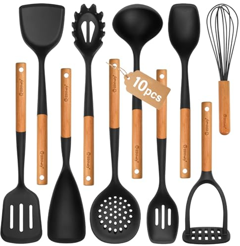 Silikon Küchenhelfer Set, 10-teiliges Antihaft Kochutensilien Kochbesteck Set mit Holzgriff, hitzebeständige Silikonutensilien zum Kochen, BPA-freies Spatelset mit Wender, Löffel und Kelle (schwarz)