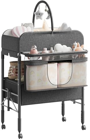 Wickeltisch Klappbar Mit 2 Schubladen, Höhenverstellbar, Wasserdichte Matte, Platzsparende Wickelkommode, Kleiderstange, 2 Schubladen & 4 Verriegelbare Räder, Dunkelgrau