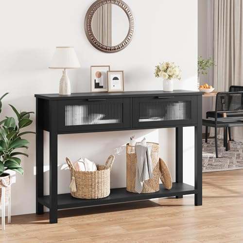 Table console en bois avec 2 Tiroirs,Table d'Entrée Étroite avec à 2 Niveaux,Meuble d'entrée en 4 Pieds en bois,Table d'appoint/Bout de Canapé Scandinave pour Entrée,Chambre,Salon(110X80X30cm,Noir)