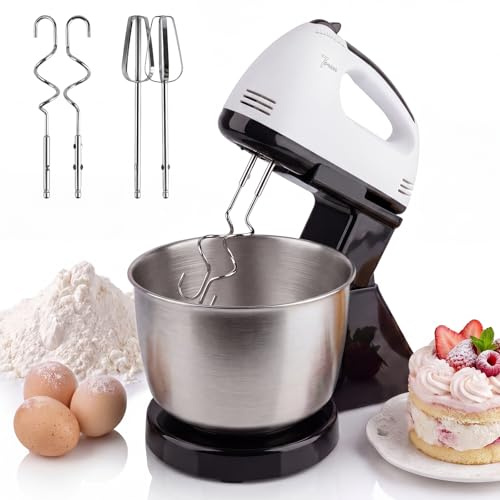 White Stand Mixer, 7 Speeds Electric Stand and Hand Mixer with 3QT Stainless Steel Bowl, Dough Hook, Whisk, Mixing Beater for Home Kitchen Baking, Cake, Cookie, Kneading