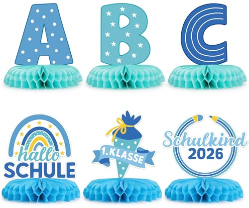 COMOOKA 6 Stück Schulkind 2026 Tischdeko Einschulung Junge Blau | Tischaufsteller mit Boho-Regenbogen, ABC & Schultüte Motiven, Bienenwabe Mittelstück, Einschulung Deko für Junge & Mädchen