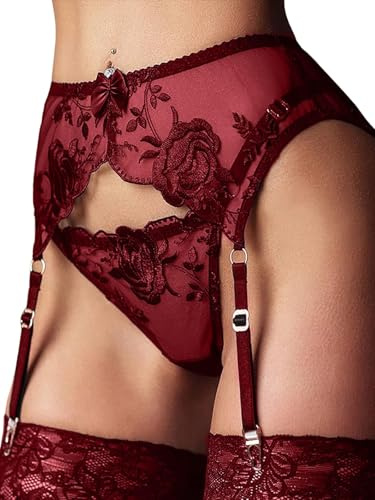 MIZSPISE Porte Jarretelle Dentelle Sexy Tenue Transparente Ensemble Bas Porte Jaretelles String Fleurs Elegant avec 4 Clips Réglables Club Soiree Anniversaire Fete Noel Noir Blanc Rouge Violet
