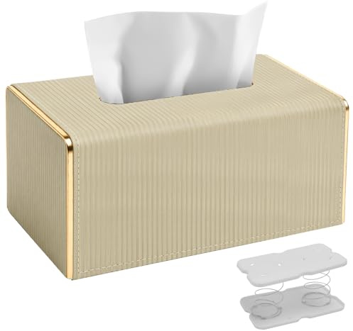 Kosmetiktücherbox Taschentuchbox aus PU Leder Modern Tissue Box für Büro | Rechteckige Taschentuchspender mit Magnetabdeckung für Hausfrau Büroangestellter-Geschenke für Geburtstag(Goldrand-Milchtee)