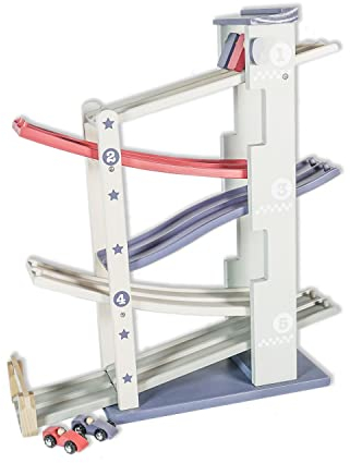 EverEarth Auto-Rennbahn Zweispurig EE33781 Kugelbahn mit Rennautos aus Holz für Kinder ab 36 Monaten Pastell