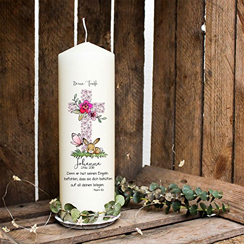 Taufkerze Kerze zur Taufe oder Geburt Kommunionkerze Kreuz rosa mit Hase Häschen Schmetterling Spruch Wunschname & Datum wk63 ilka parey wandtattoo-welt®