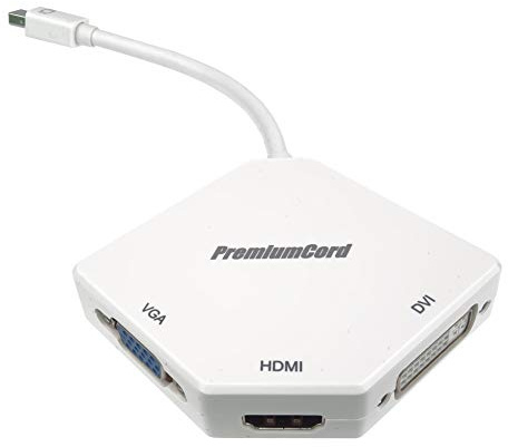 PremiumCord Adaptateur Mini DisplayPort vers HDMI + DVI + VGA Vidéo 4K @ 30Hz UHD 2160p (Via HDMI), Full HD 1080p 60Hz, Longueur du câble 20cm, Blanc