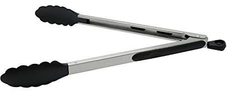 Fackelmann Multi-Purpose Kitchen Tongs PBT Length 35cm, Heat Resistant to 220C, Non-Stick Cookware Safe, Locking Mechanism, Dishwasher Safe, Silver & Black