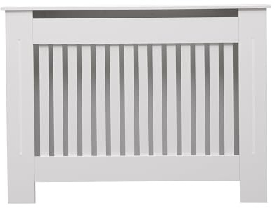 Vivo Technologies Medium Radiator Cover White Modern, MDF Wood Vertical Slat Grill Shelf Cabinet Decorative Heater Cover, W 112 x H 82 x D 19 cm