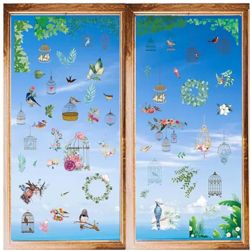 CRASPIRE 8 Styles Birdcage Wall Stickers Plant Bird Garland Flower PVC Window Stickers Decals Waterproof Self Adhesive Cling Peel and Stick for Home Stairway Decoration Bedroom Living Room Showcase