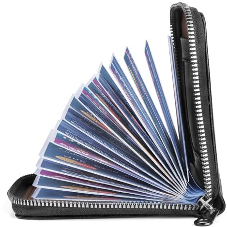 flintronic Kreditkartenetui Damen, RFID Schutz Leder Kreditkartenetui, 42 Fächer Kartenetui, Kartenhalter Geldbörse Klein Geldbeutel Mit Reißverschluss, Visitenkartenetui Damen und Herren – Schwarz