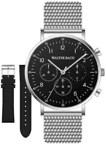 Walter Bach Herren Uhr Mit Chronograph Quarzwerk - Silberne Armbanduhr Mit Schwarzem Ziffernblatt & Leder-Wechselarmband - 40 mm Durchmesser & Gehärtetes Mineralglas - in Geschenkbox