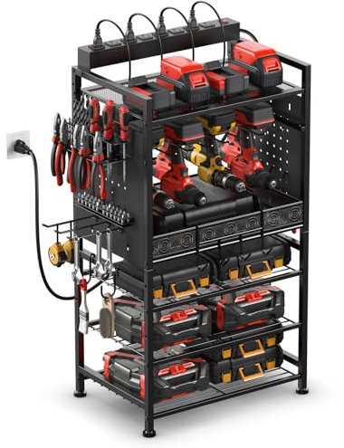 JUNNUJ Power Tool Organizer Floor Stand with Charging Station, Garage Adjustable Storage Rack Utility Tool Shelf with 8 Outlet Power Strip, Heavy Duty Drill and Battery Holder, Black