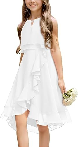 Haloumoning Mädchen Kleider Sommer Festlich Kleid Ärmellos Prinzessin Partykleid Brautjungfern Tanzen Ball Hochzeits Blumenmädchenkleid Weiß 140