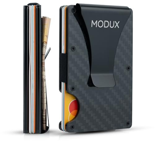 Modux Geldbörse Herren mit RFID-Schutz - Kartenetui aus Kohlefaser und Metall mit Geldklammer und Gummiband - RFID Geldbeutel Herren - Slim Wallet for Men, Für bis zu 15 Karten, Schwarz