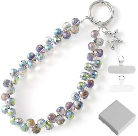 BelleVive Pulsera de cristal para teléfono móvil, colgante de teléfono móvil, llavero, correa de perlas para teléfono móvil, con pestaña de sujeción, manos libres, correa de muñeca para mujer, color