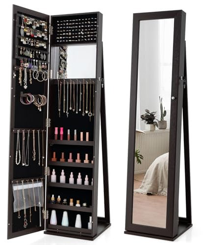 GOPLUS Armoire à Bijoux avec Miroir sur Pied, 2 en 1 Armoire à Bijoux Verrouillable avec Grand Rangement, Miroir Intégré, Organisateur de Bijoux pour Chambre/Salon (Marron Foncé)